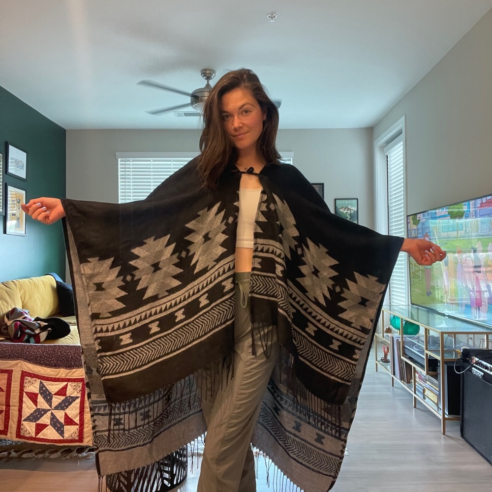 Black and Gray Patterned Poncho